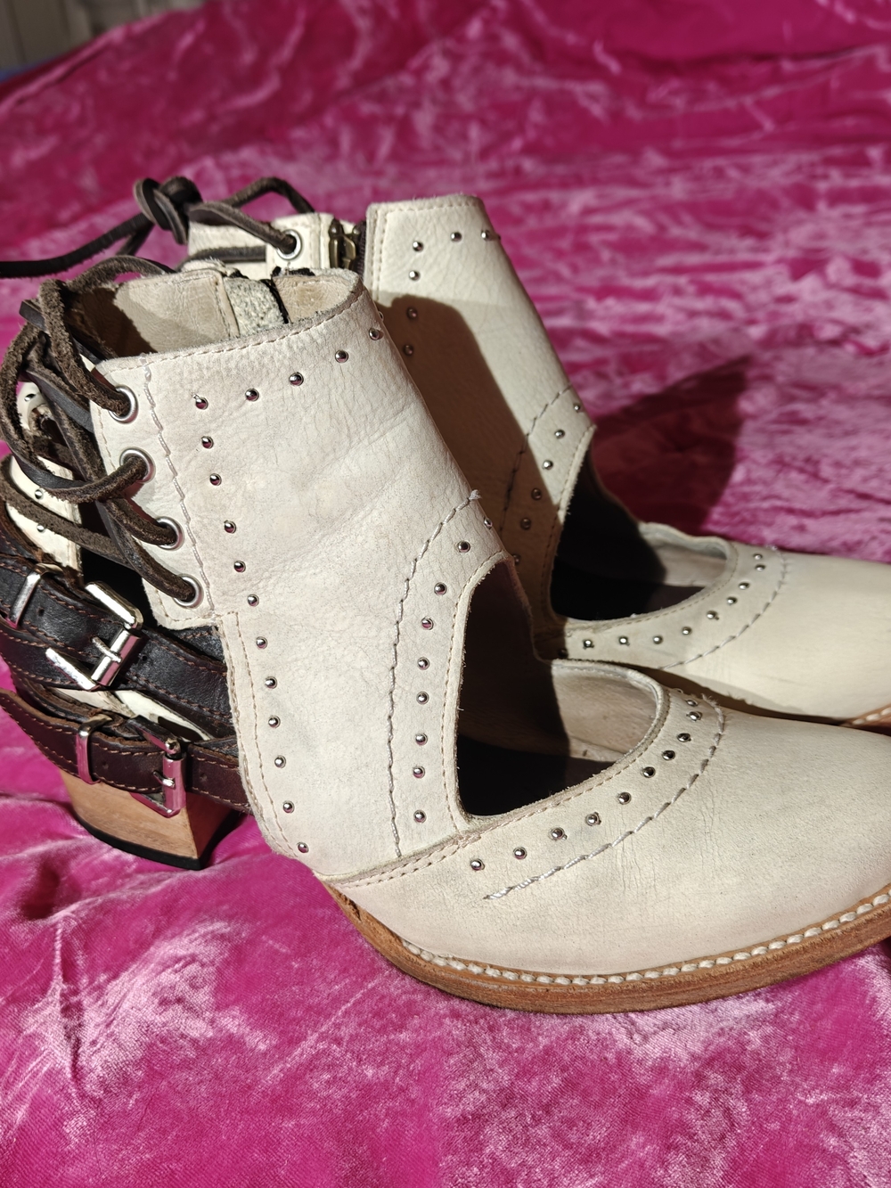 freebird Cream Studded Cutout Leather Ankle Booties